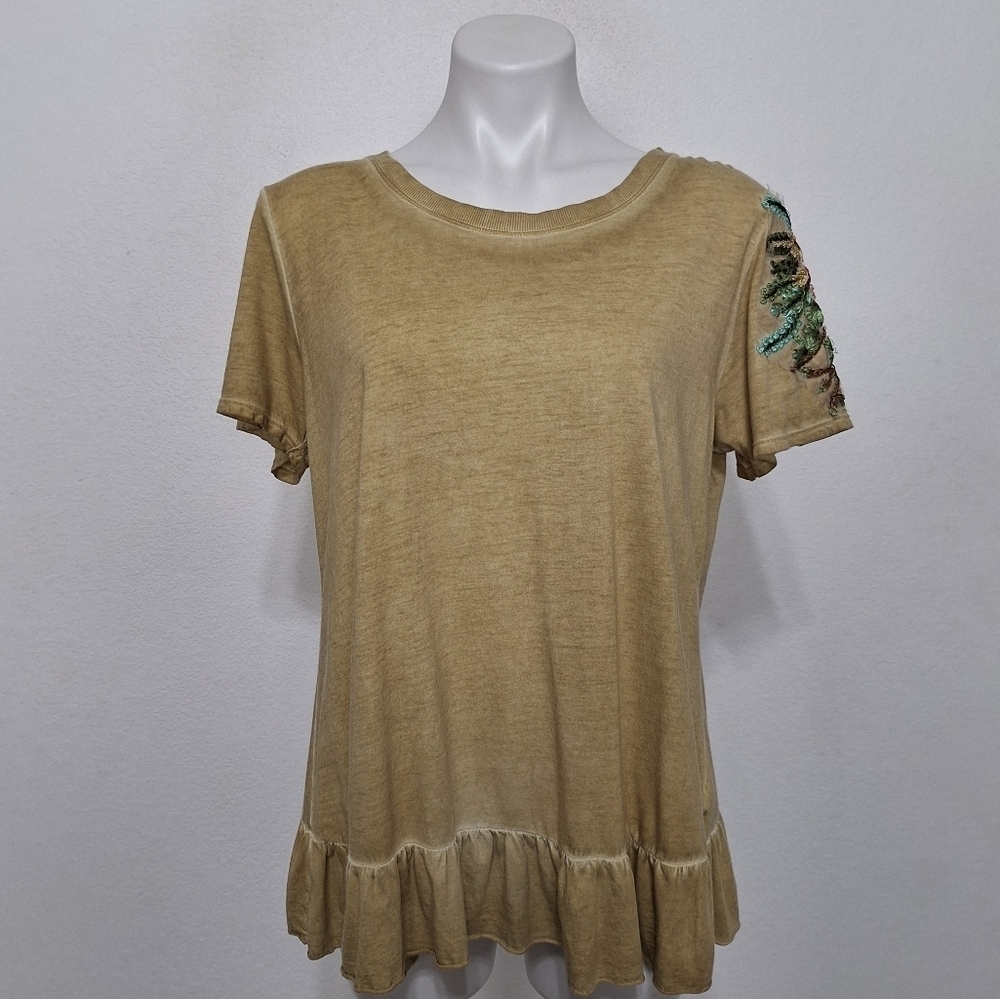 Dear John Tan Floral Embroidered Bohemian Ruffle Short Sleeve Blouse Size M